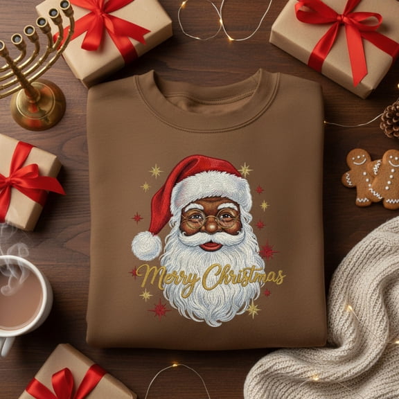 Afro American Christmas Embroidered Sweatshirt Black Woman Black Santa Shirt Melanin Christmas Tee Gift For Her