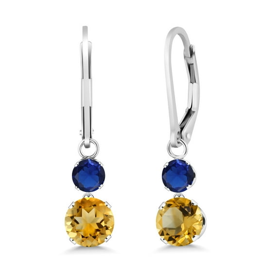 Gem Stone King 925 Sterling Silver Yellow Citrine and Blue Created Sapphire Drop Dangle Earrings for Women (1.90 Cttw, Gemstone November Birthstone, Round 6MM and 4MM)
