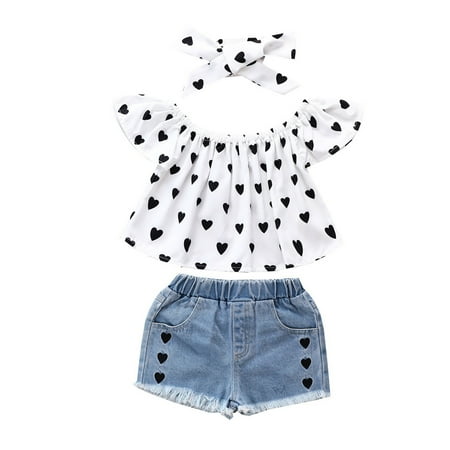 

MPWEGNP Kids Toddler Baby Girls Short Sleeve Off Shoulder Love Print Tops Jeans Shorts Pants With Headbands 3PCS Set Baby Bows Toddler Clothes 3 6 Months
