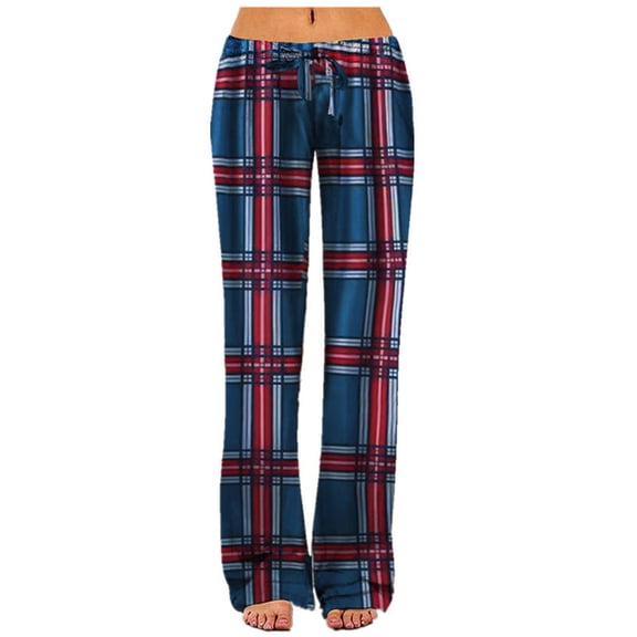 Leggings for Women Tummy Control Comfy Stretch Plaid Wide Leg Casual Drawstring Yoga Pants,Blue,L