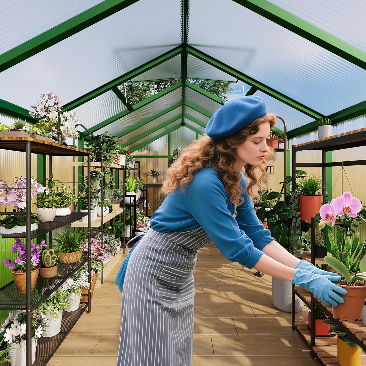 8x10 FT Greenhouse, Easy Assembly Aluminum Polycarbonate Greenhouses for Outdoors with Roof Vent and Ground Nails, Heavy Duty Aluminum Walk-in Greenhouse for Backyard, Sliding Lockable Door, Green