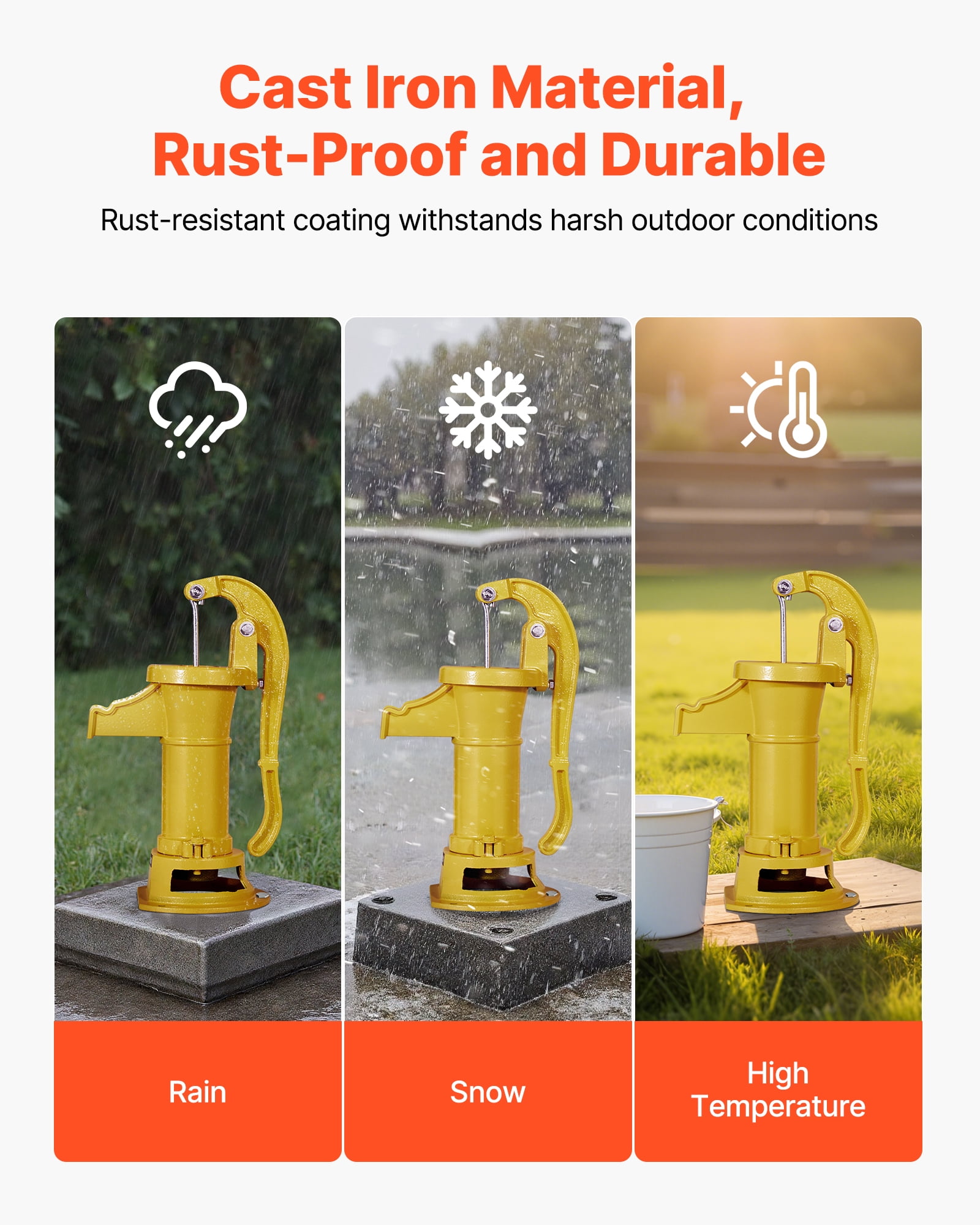 VEVOR Well Hand Pitcher Pump, 25 ft Maximum Lift, Antique Cast Iron Manual Hand Water Pump, NPT 1-1/4 in Connection, Easy Installation, Old Fashioned for Outdoor Garden, Pond, Backyard, Farm, Yellow