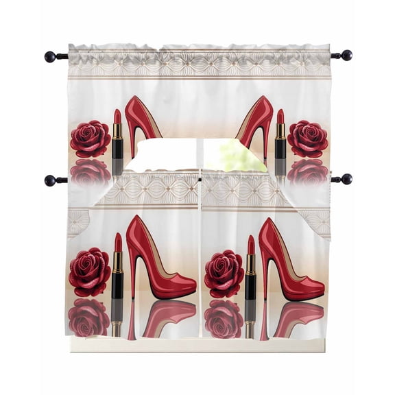Red Roses Swag Kitchen Curtains Sets for Windows 24 Inch Length, High Heel Modern Art Short Window Curtain Panels Swags Valances and Tiers 3 Piece Set for Cafe/Dining Room