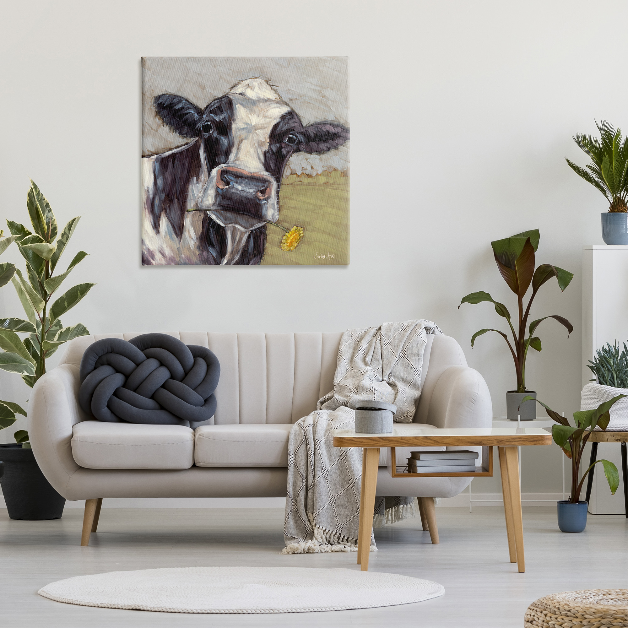 Stupell Industries Cow with Yellow Daisy Animals & Insects Painting Gallery Wrapped Canvas Art Print Wall Art, 36 x 36