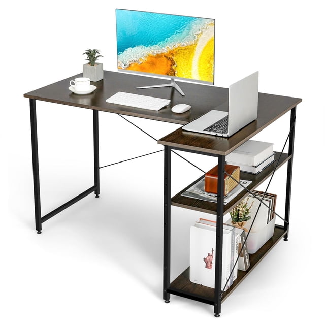 Giantex L-shaped Computer Desk, Corner Desk w/Reversible Shelves, Writing Study Workstation for Home Office, Brown