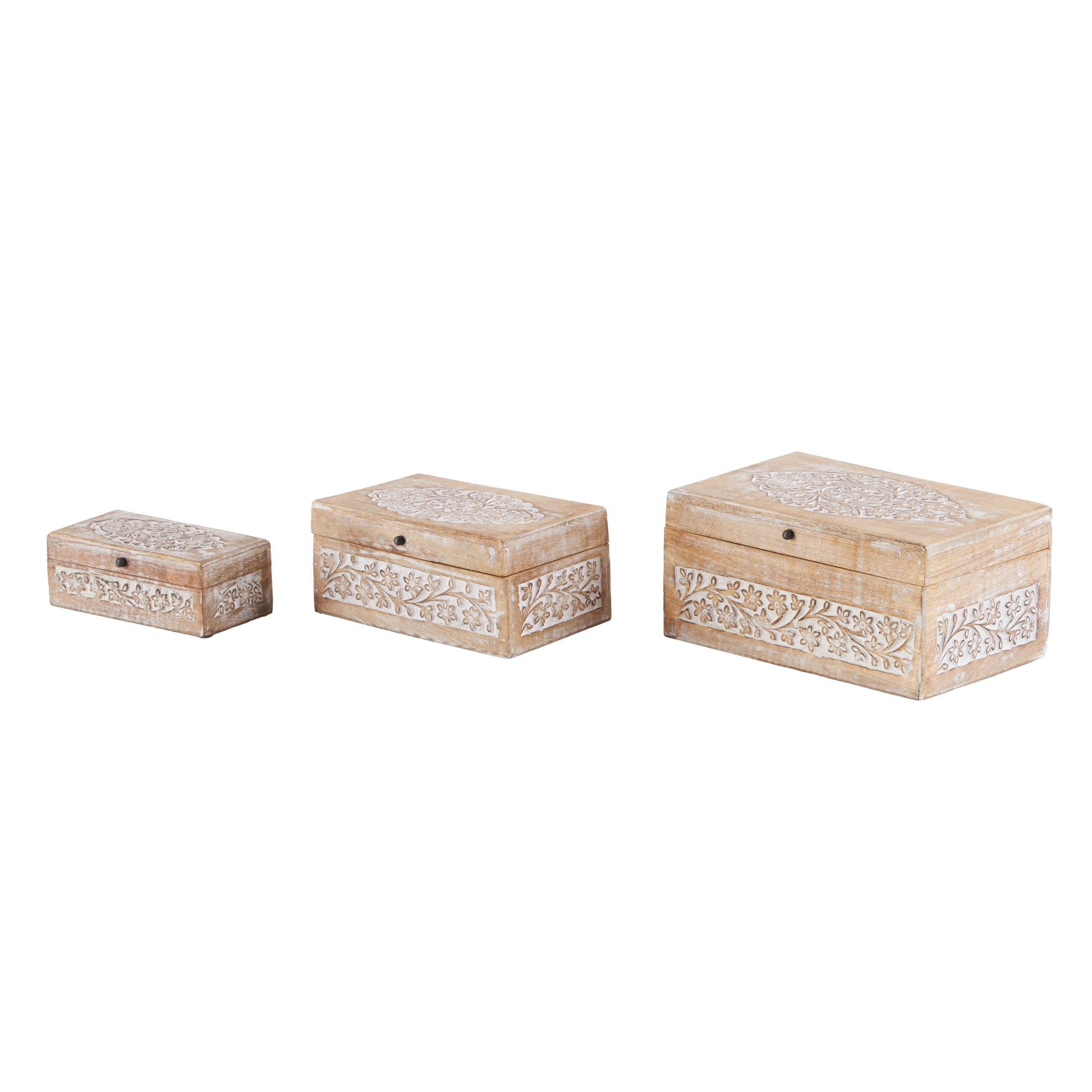 DecMode Floral Cream Mango Wood Decorative Box with Hinged Lid, 3 Count