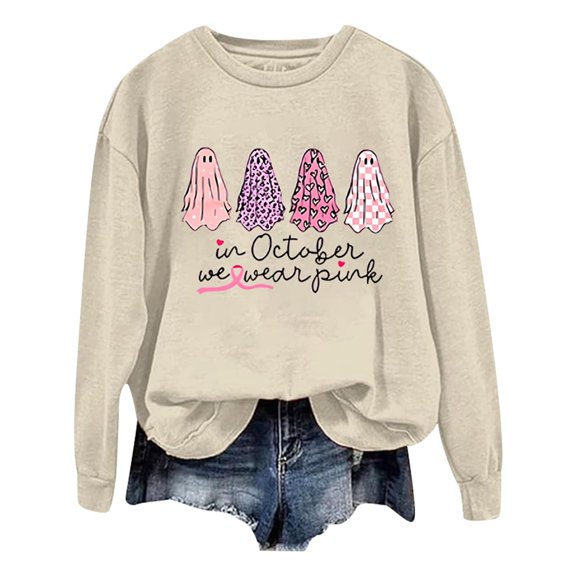Gunia Halloween Ghost Sweatshirts For Women Graphic Crew Neck Long Sleeve Thin Pullover Hoodie Fall Fashion Clothes Tops Beige S-2Xl