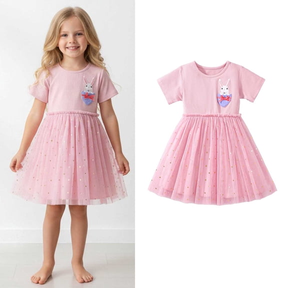 Girl Easter Dress Short Sleeve Bunny Embroidered Dress Tulle Dress Girl Spring Dresses Girls Size 8-9 Years Clothes