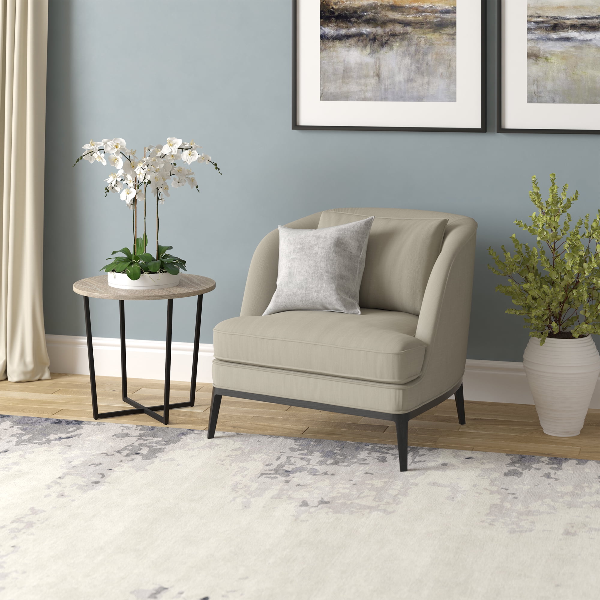 Evelyn&Zoe Pivetta 22" Wide Round Side Table with MDF Top, Blackened Bronze/Antiqued Gray Oak