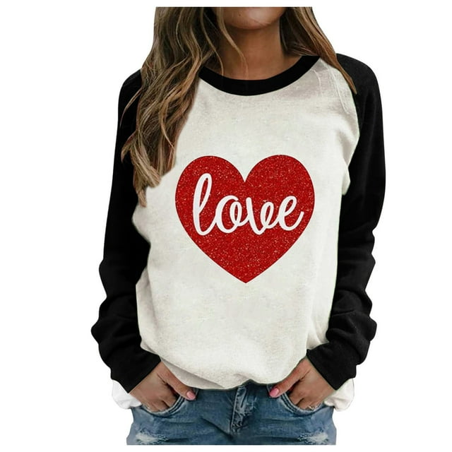 Camiseta Bouanq para mujer con corazón de amor, camiseta raglán con corazón, camiseta con estampado de letras de amor para el Día de San Valentín