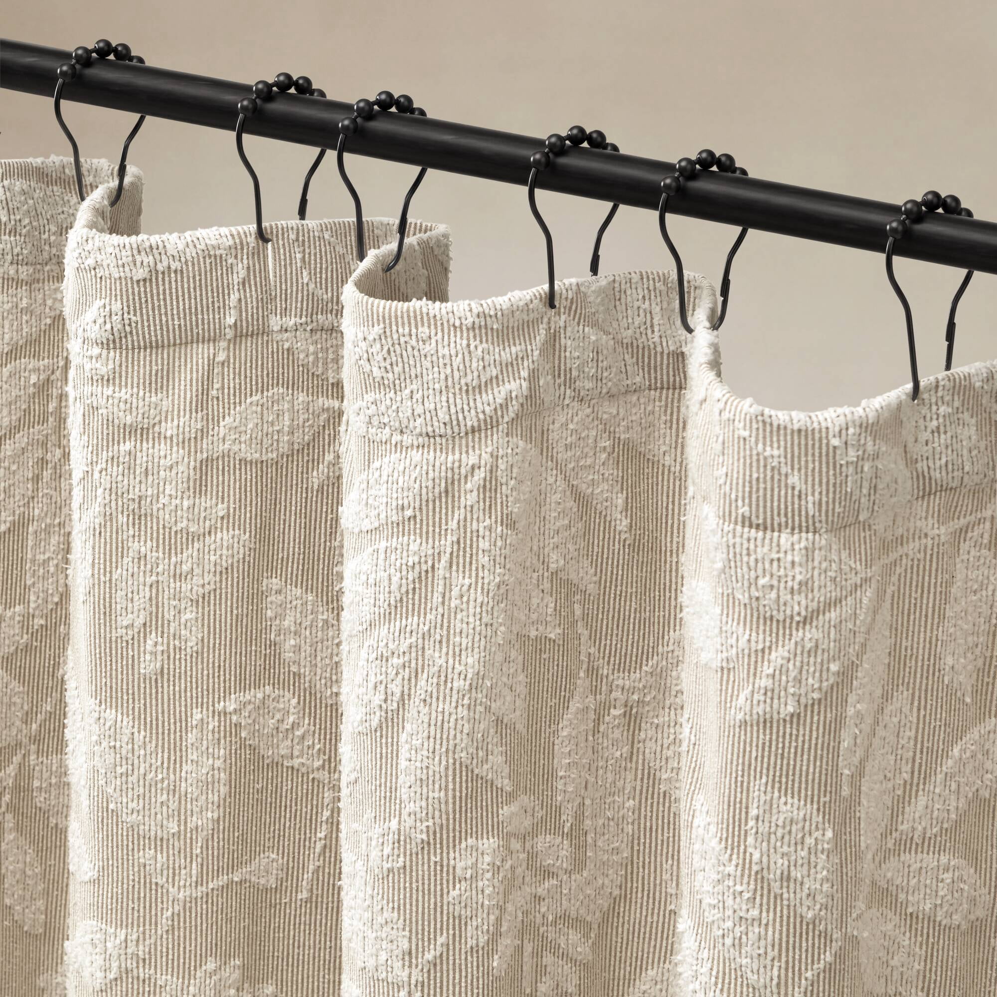 Cotton Blend Botanical Jacquard Shower Curtain, 72 x 72 in, Tufted Leaf Motifs, Machine Washable