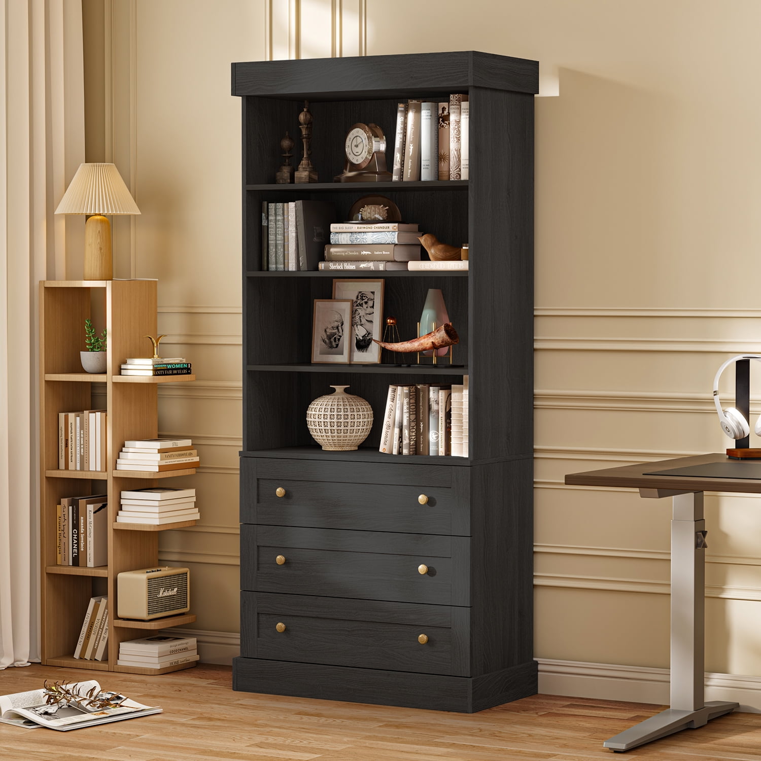 71"Tall Kitchen Pantry Storage Cabinet, Large Wood Bookcase Adjustable Shelves with 3 Drawers,Black