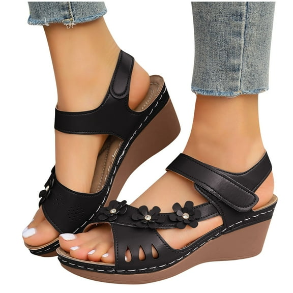 THDHVS Womens Wedge Sandals,Sandals for Women,Women's Fashion Casual Summer New Style Solid Color Fish Mouth Wedge Heel Thick Bottom Sandals Black 7.5