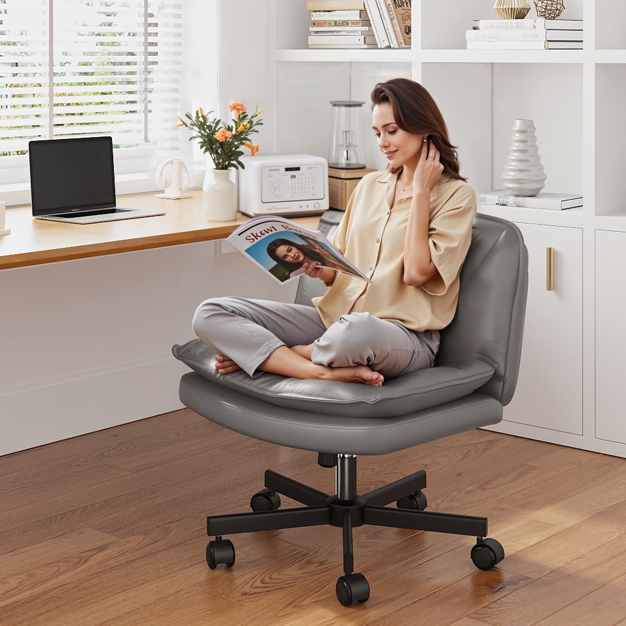 Romorgniz 27" W Chair Criss Cross Legged Office Chair Armless Adjustable Desk Chair with Wheels, Wide Seat, and 2-Layer Cushion, Grey