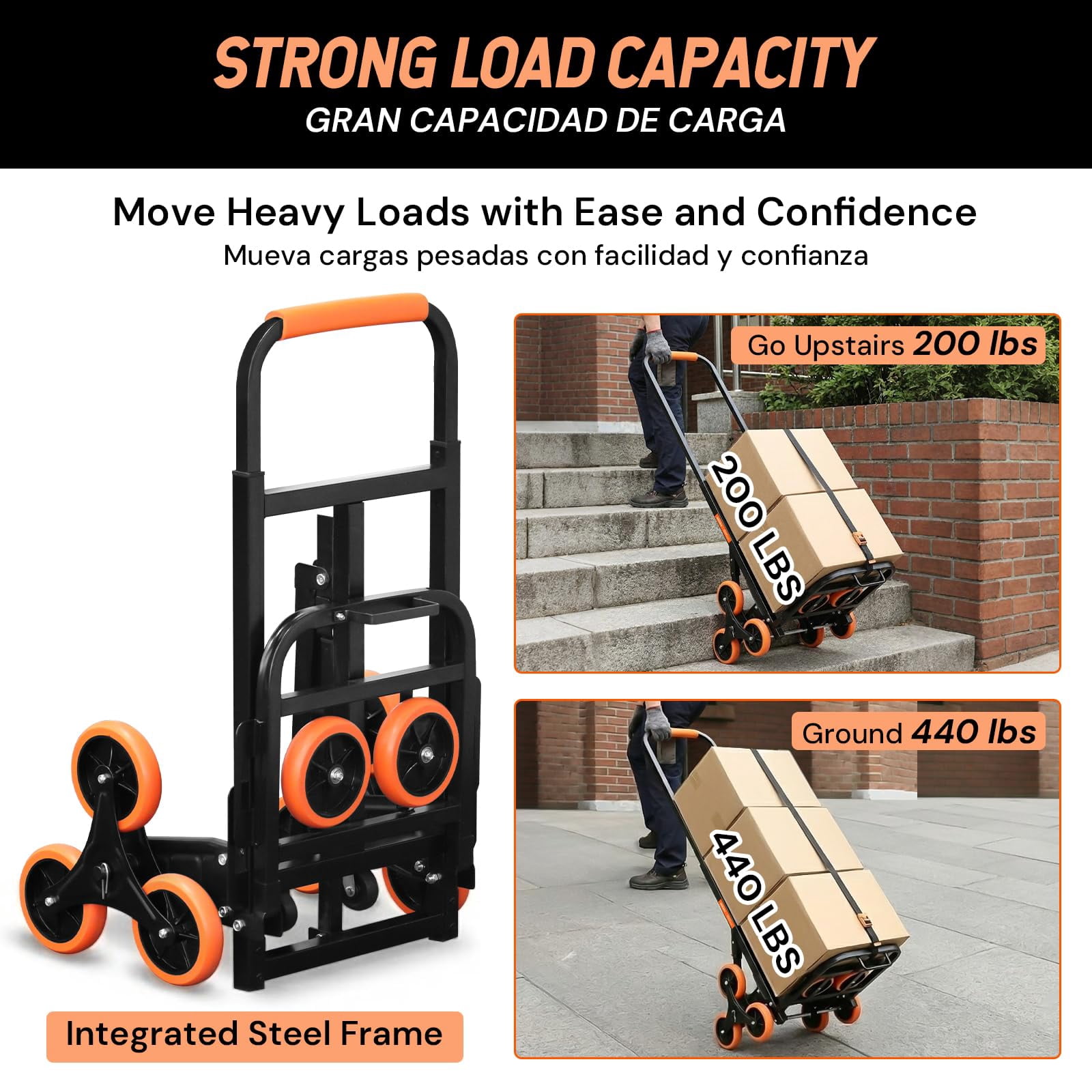 SEKAM Stair Climbing Cart, 440 lbs Capacity Folding Hand Truck with 10 Wheels, Heavy Duty Steel Dolly for Moving & Warehouse, Orange
