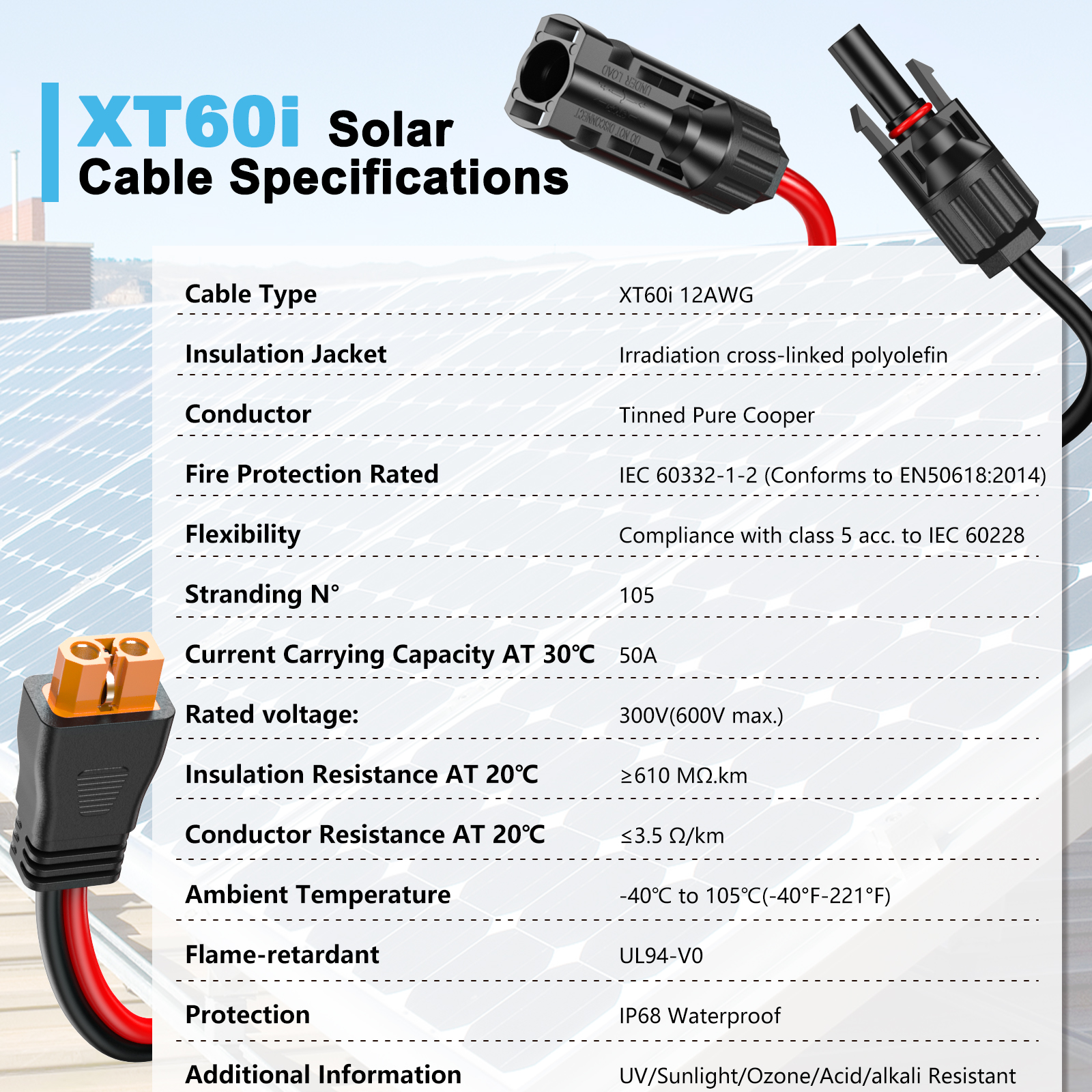 Solar Connector to XT60i Charge Extension Cable, 50FT Adapter Cable to Solar Panel Charging Wire for Battery Portable Power Station Solar Generator