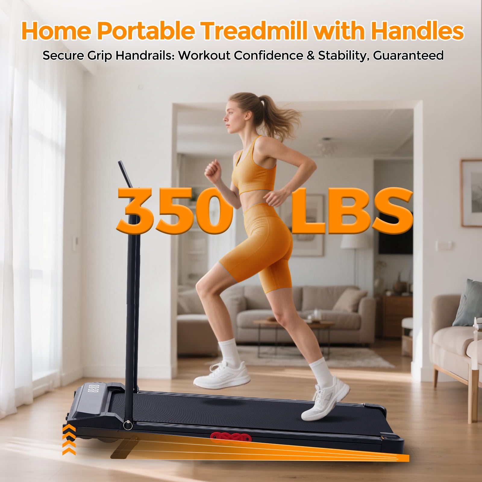 HevGlrm Walking Pad Treadmill with Handles for Home Workouts,Portable Compact Treadmills Under Desk Walking Pads with LED Display,350lbs Capacity