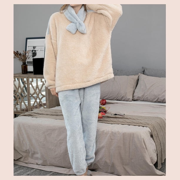 Conjunto de Pijamas para mujer Salvador suéter cálido informal de manga larga pantalones camisón de felpa azul XXL