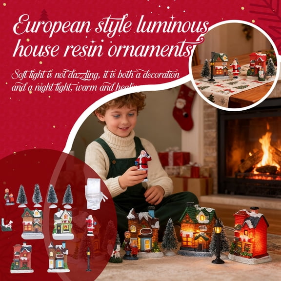 Christmas Village Set with LED Lighted Houses and Figurines, Indoor Room Decor Collectible Buildings (Requires 2 AA Batteries),Blue