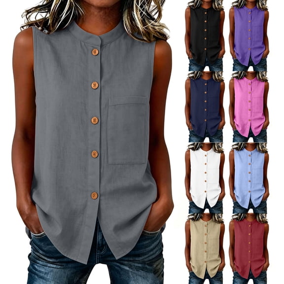 Ashirexll Summer Tops for Women Summer Stand Collar Sleeveless Casual Shirt with Pockets Top for Spring