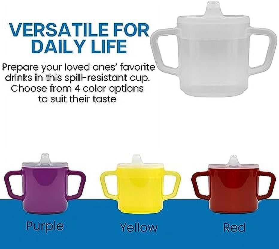Providence Spillproof Compact 8 oz Adult Sippy Cup w/ 2 Handles, Set of Clear, Yellow, and Red
