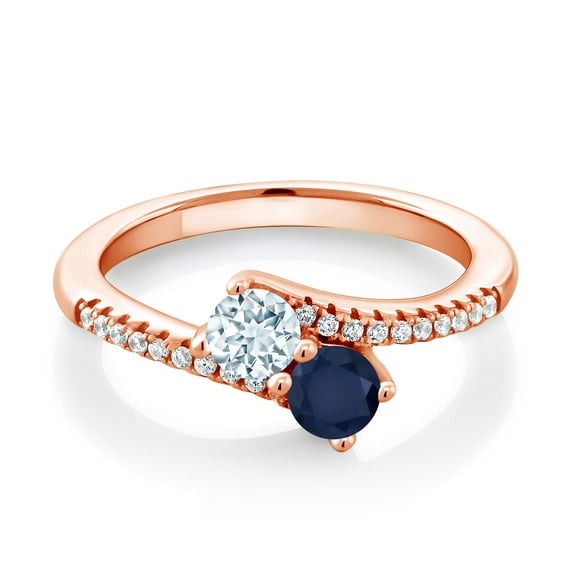 Gem Stone King 18K Rose Gold Plated Silver Sky Blue Aquamarine and Blue Sapphire Bypass Ring for Women (0.84 Cttw, Gemstone March Birthstone, Round 4MM, Size 6)