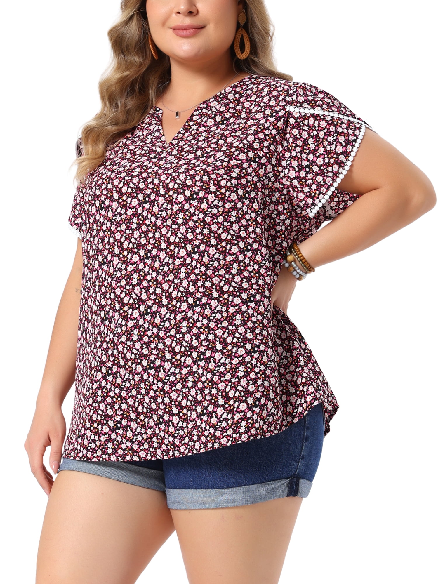 DARING DIVA Women's Plus Tops Floral V Neck Tulip Sleeve T-Shirt Summer Top 1X Black Red