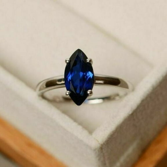 2Ct Marquise Cut Simulated Blue Sapphire Solitaire Women's Engagement Ring 14k White Gold Plated 925 Sterling Silver