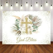 God Bless Backdrop for Girls Boho First Communion Confirmation Baptism Party Background Pink Floral Christening Gold Cross Banner Decorations