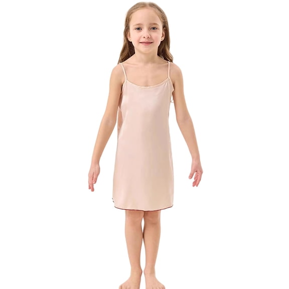 WhouRiu Little Girl Outfit Set Elegant Sleeveless Lightweight Satin Nightgown Children Soft Silk Sleepwear Robe,1-Piece Beige,Size 5-6 Y