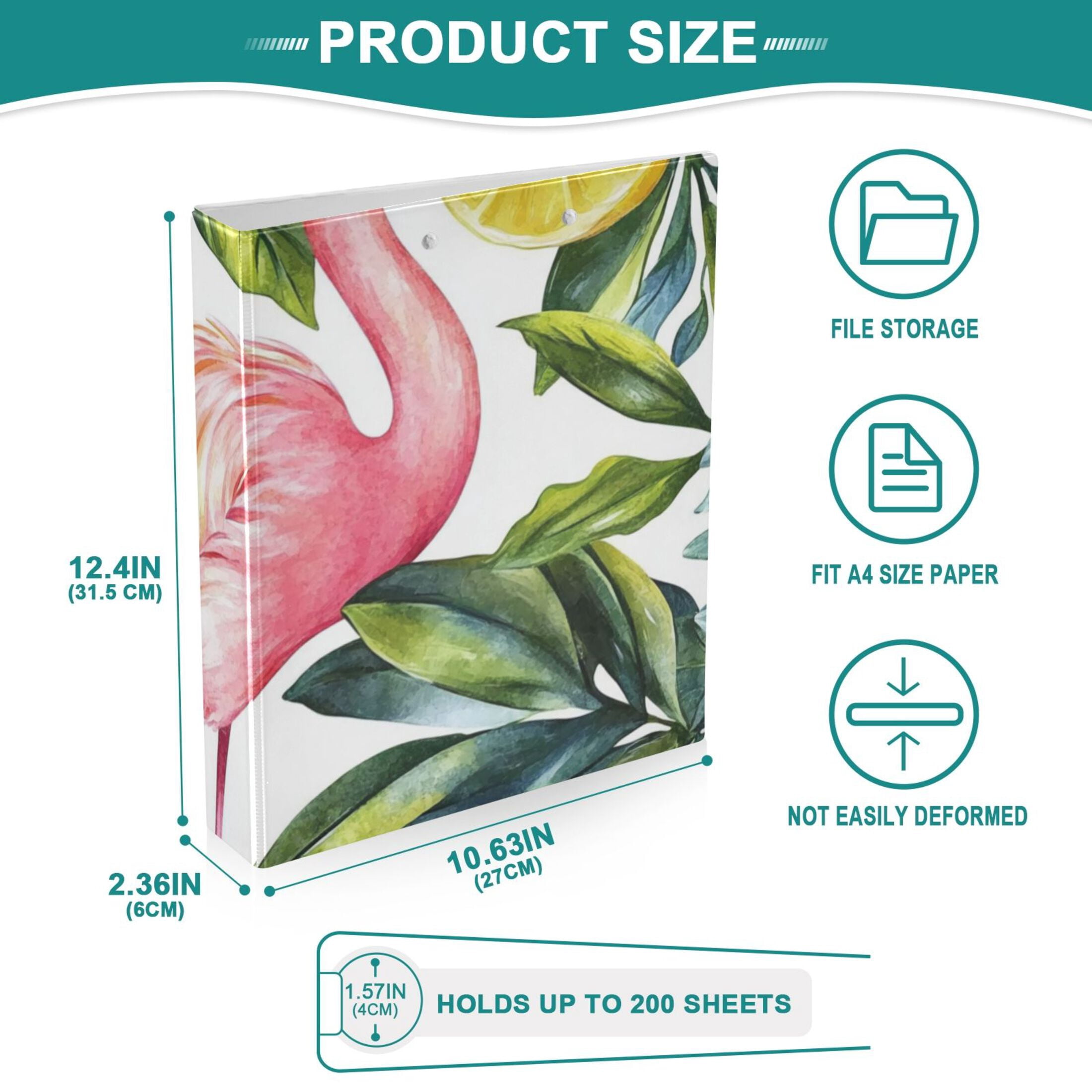 Flamingo Leaves Lemons 3 Ring Binders 1.5 inch Hardcover File Folders with Interior Pockets A4 Size Organizer for School Office Hospital