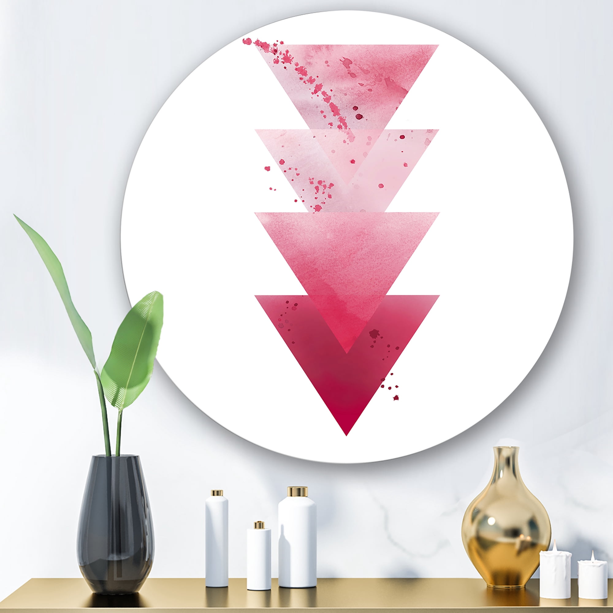 Designart 'Abstract Geometric Art Red Triangles Composition' Modern Circle Metal Wall Art 11x11 - Disc of 11