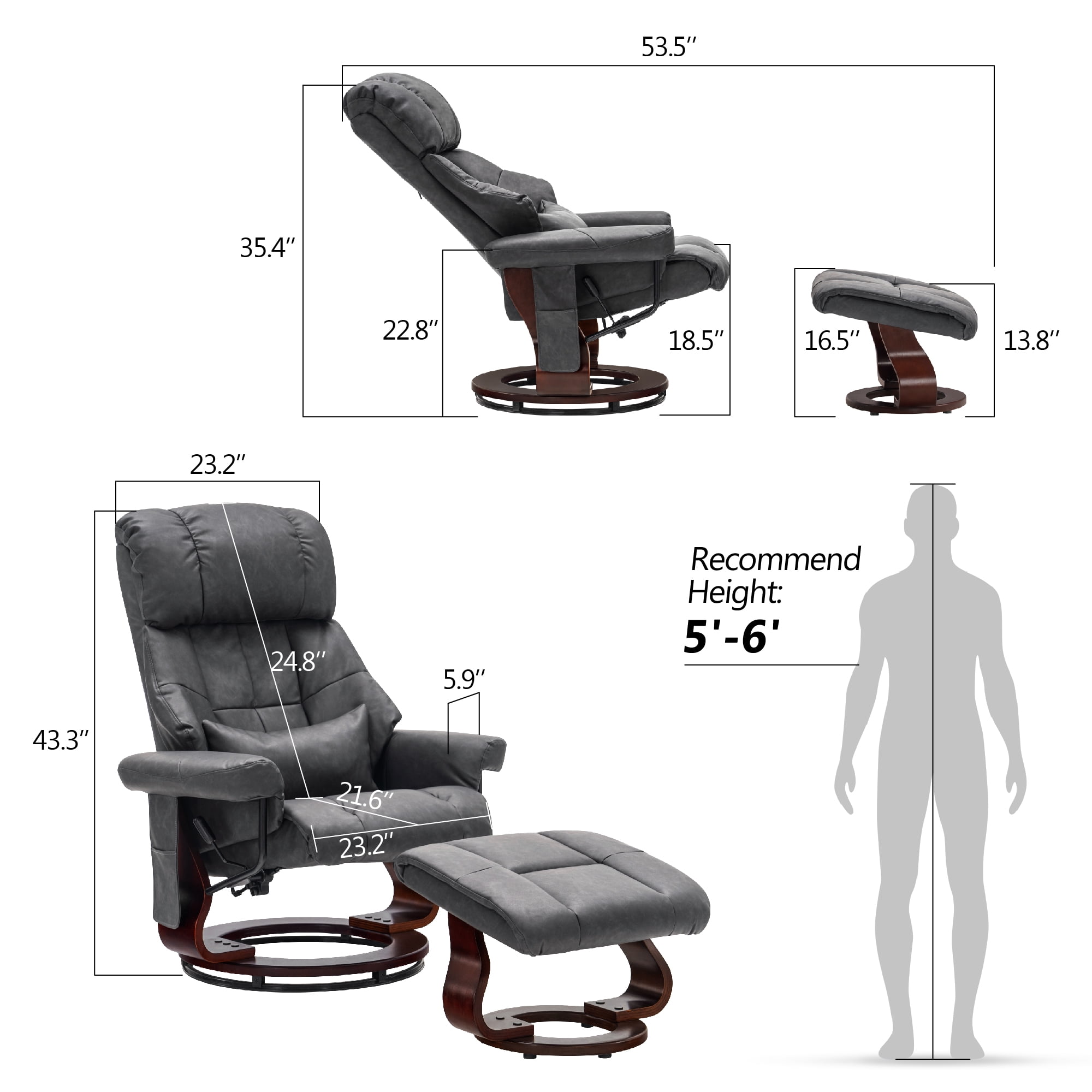 MCombo 360° Swivel Recliner with Ottoman, Lumbar Pillow, Vibration Massage Reclining Chair, Faux Leather(Dark Grey)