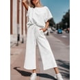 thumbnail image 3 of Weardear Women's 2 Piece Outfits Textured Sweatsuit 3/4 Batwing Sleeve Crew Neck Pullover Top Wide Leg Pant Tracksuit Set, 3 of 5