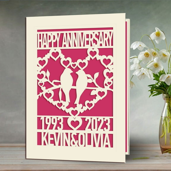 Personalized Anniversary Card, Papercut Love Birds Happy Anniversary Greeting Card, Blank Insdie & Envelope Included, Gift for Wife Husband Mom Dad Couple