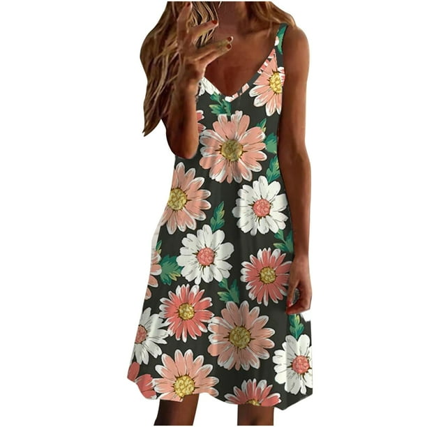 Vestidos Para Mujer Vestidos Casuales de Moda Sling de Cintura Media Con Cuello en V Sin Mangas Con Estampado Floral Vestido de Deslizamiento Odeerbi ODB156322