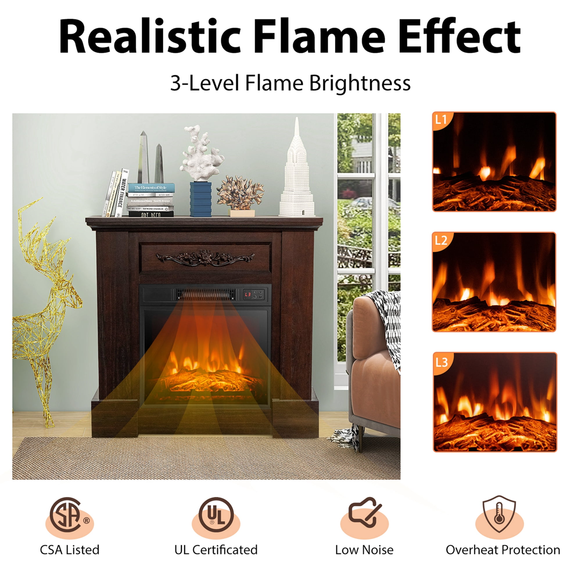 Costway 32" Electric Fireplace Mantel TV Stand Space Heater w/Remote Control 1400W Brown