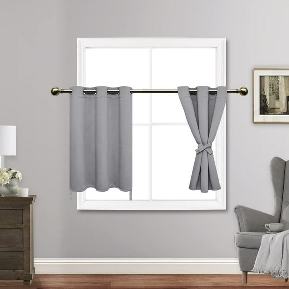 TRAHOO-Short Blackout Curtains with Tiebacks for Kitchen, Light Blocking and Noise Reducing Grommet Small Window Curtains for Bathroom/Bedroom, Set of 2 Panels, 42 x 36 Inch Length, Light Grey