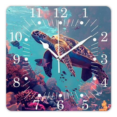 14 Inch Wall Clock Battery Operated Square Clock for Office, Kitchen, Outdoor, Living Room,Vivid Color Ocean Sea Turtle Wild Pretty