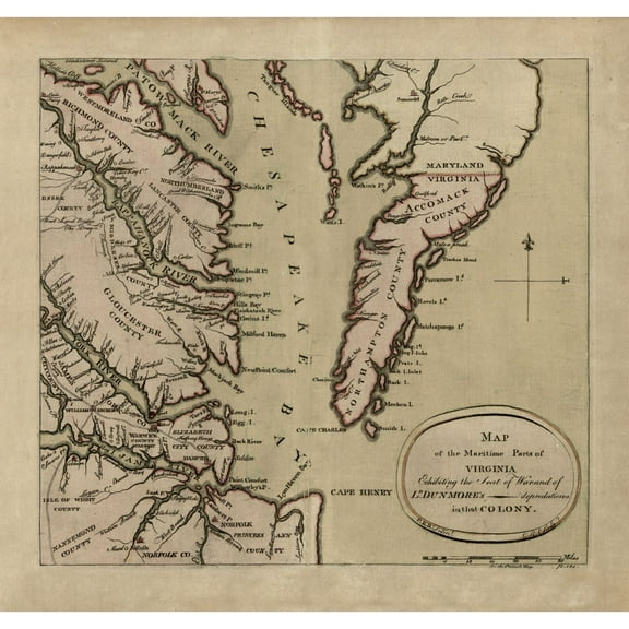 Historic State Map - Virginia Maritime - Dunmore 1776 - Vintage Wall Art