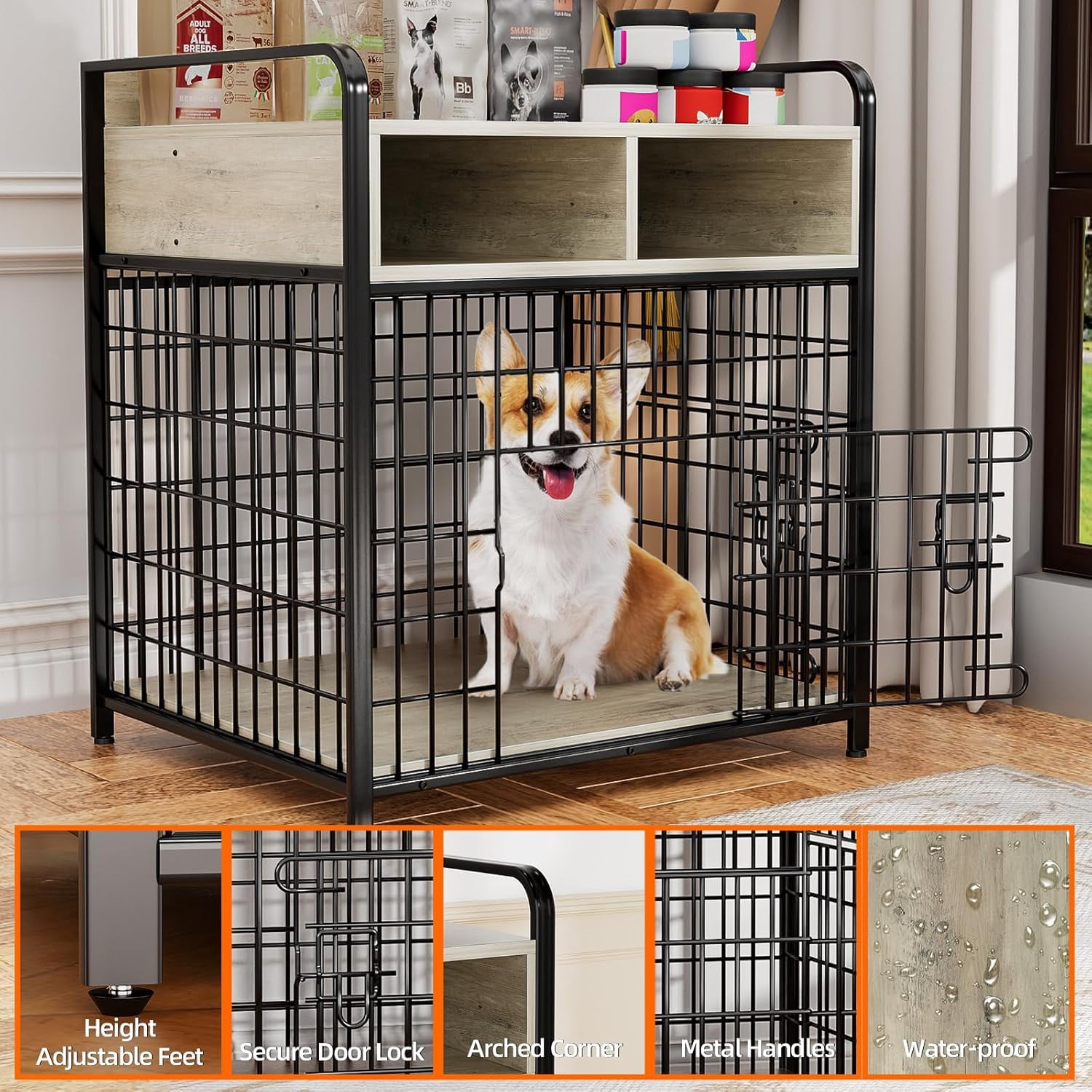 Small Dog Crate Furniture with Drawers Storage, Puppy Dog Kennel Indoor with Double , Heavy Duty Wooden Dog Cage Table, Sturdy Metal, Gray