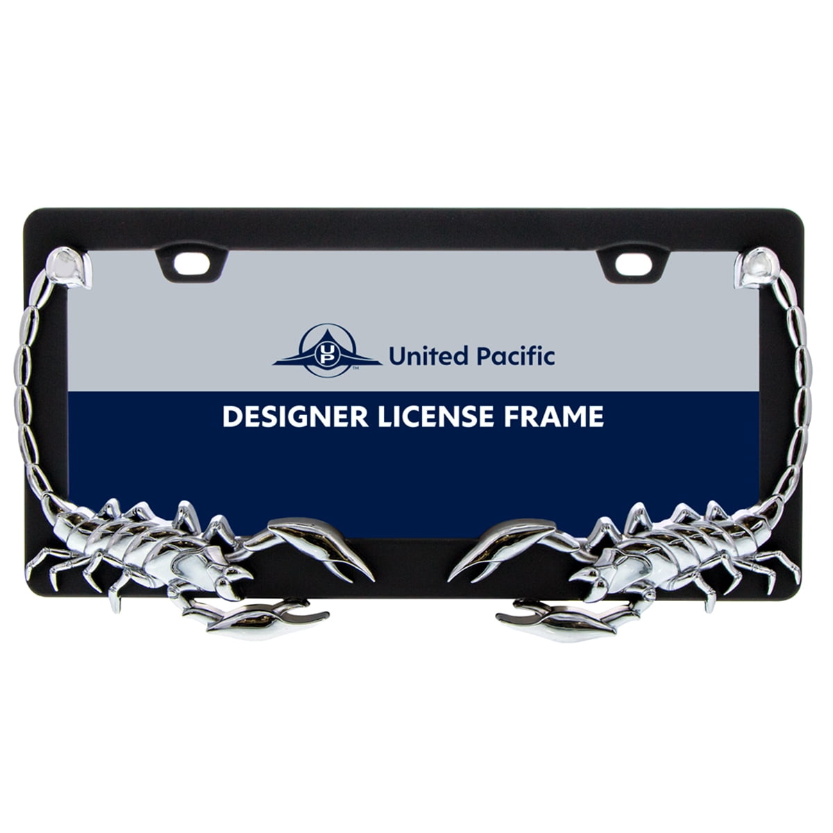 United Pacific 50034 Universal Die-Cast Metal, Chrome Scorpion License Plate Frame Holder for Cars, Trucks, RVs, Semi, Car Accessories - 1 Unit