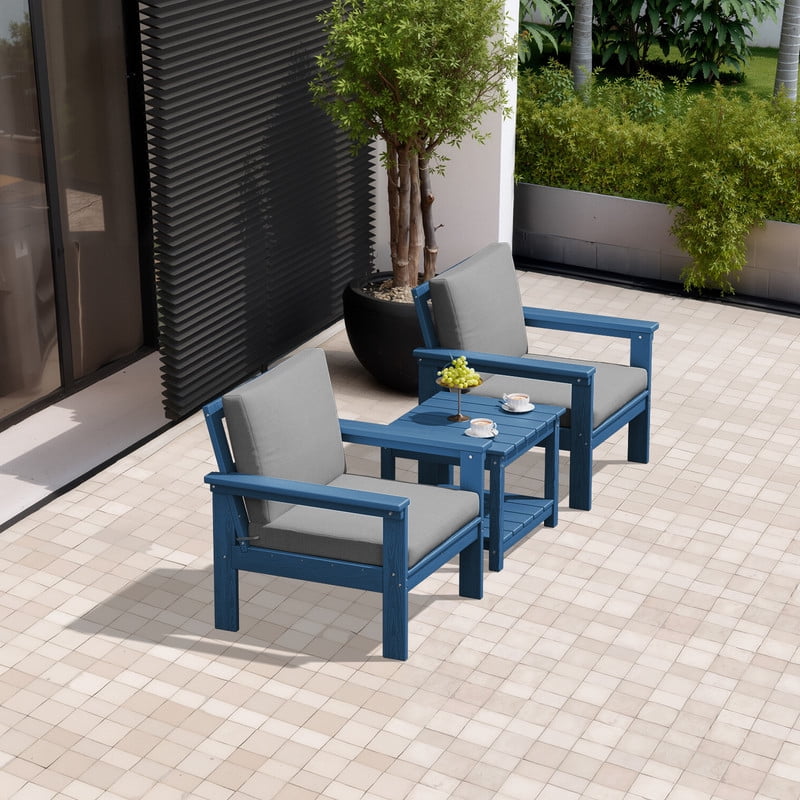 FUNDAZE Oversized HDPE Patio Furniture Sets, 2-Seater With Double-tier Table Outdoor Conversation Set | For Patio, Poolside, Backyard Use, Grey Frame with Gray Cushion