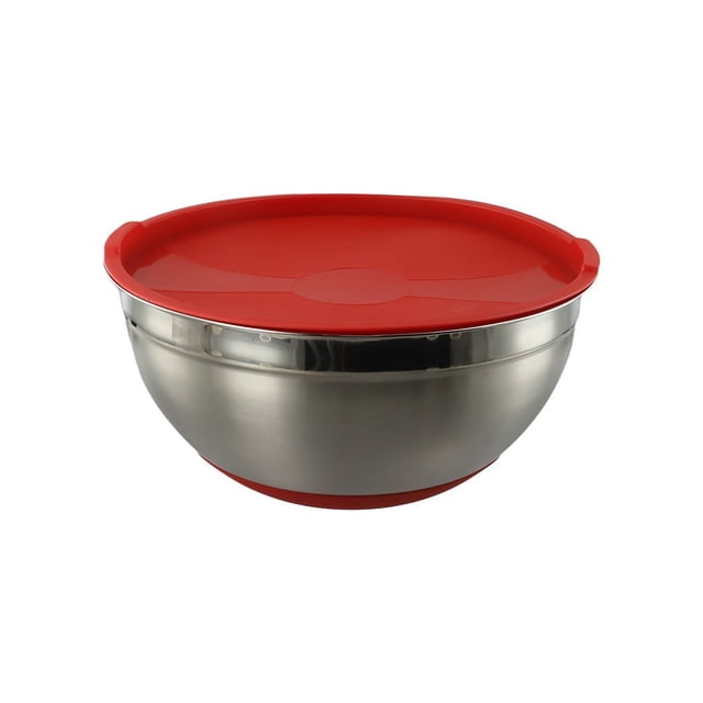 LEFU Stainless Steel Salad Bowl with Silicone Bottom Lid - Large Mixing Bowl for Cooking, Baking, Serving - Non-Slip Kitchen Cookware - Dishwasher Safe - 30cm - Red