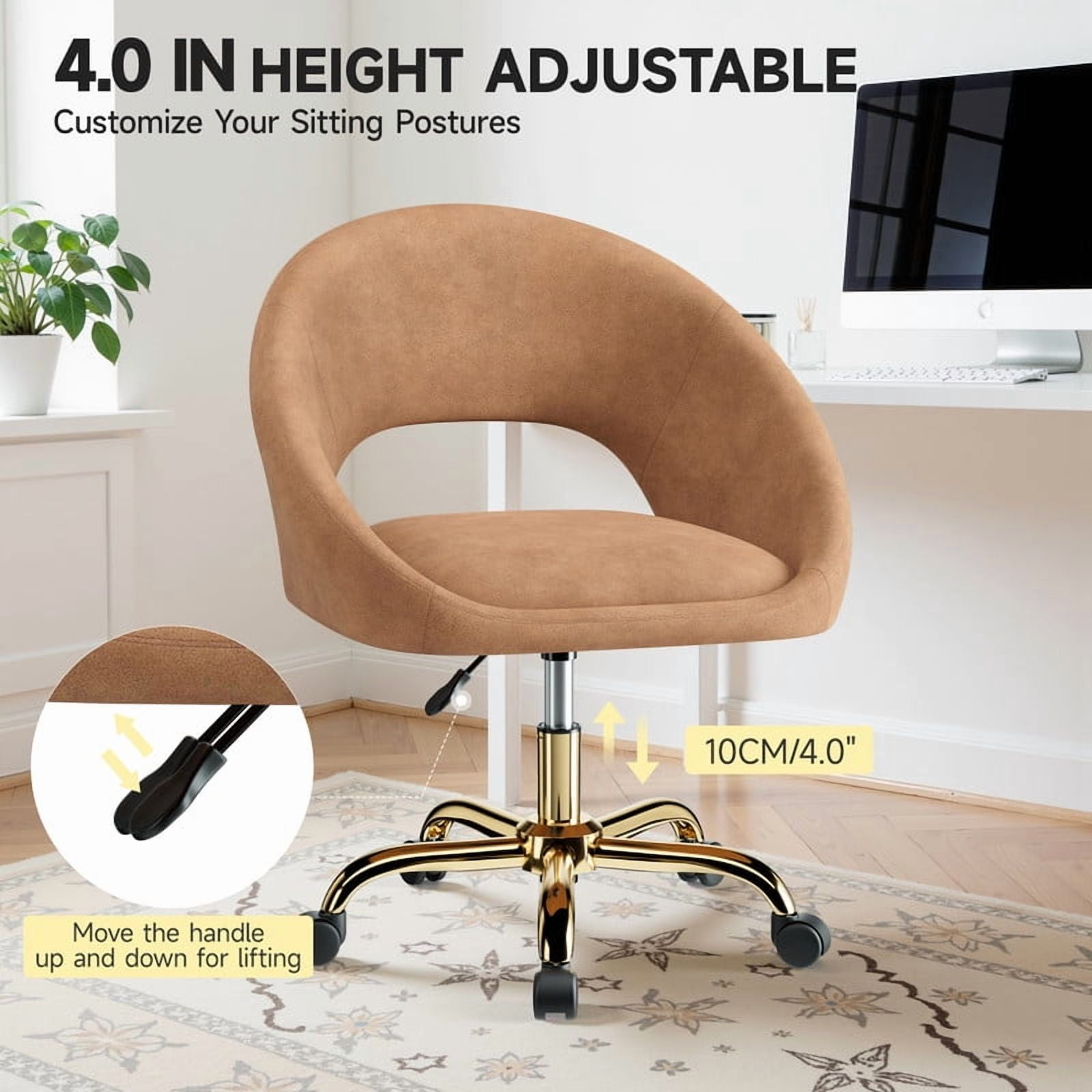 ATHOPE Vanity Chair, Fleece Office Chair with Gold Wheels, Comfy Home Office Desk Chair for Girls, Swivel Make Up Chair, Nail Tech Chair for Bedroom, Small Space, Brown