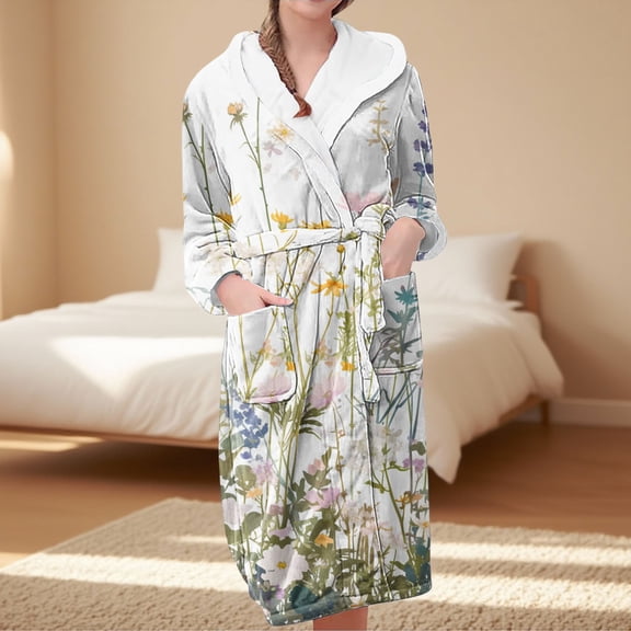 MVRLSH Robes For Women Fleece Plush Long Warm Robe Printed Comfort Bathrobe Loungewear Jacket Soft Skin-Friendly Roomy Green M-3Xl