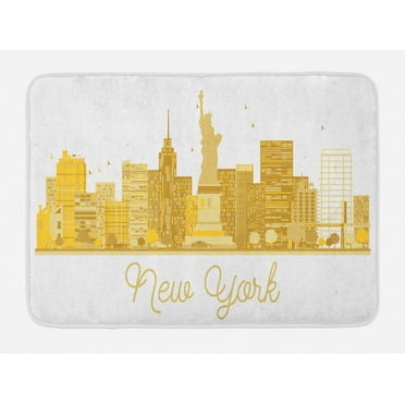 New York Taxi Bath Mat, NY City Skyline Silhouette and Statue of Liberty Sketch, Plush Bathroom Decor Mat with Non Slip Backing, 29.5" X 17.5", White and Pale Earth Yellow, by Ambesonne