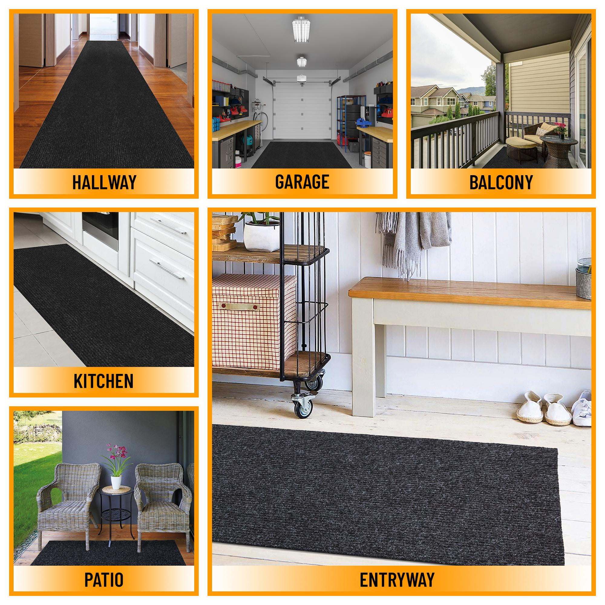 Sweet Home Stores Custom Size Waterproof Non-Slip Rubberback 3x10 Indoor/Outdoor Utility Runner Rug, 2'7" x 9'10", Black