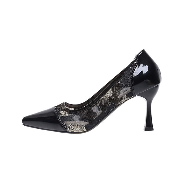 Negro Punta Tacones Del Dedo Del Pie Elegante Encaje Y Cuero Patente 3,5 Pulgadas Tacón Malla Transpirable Bordado Floral Versátil Más Tamaño Tacón Gorras para Tacones Altos