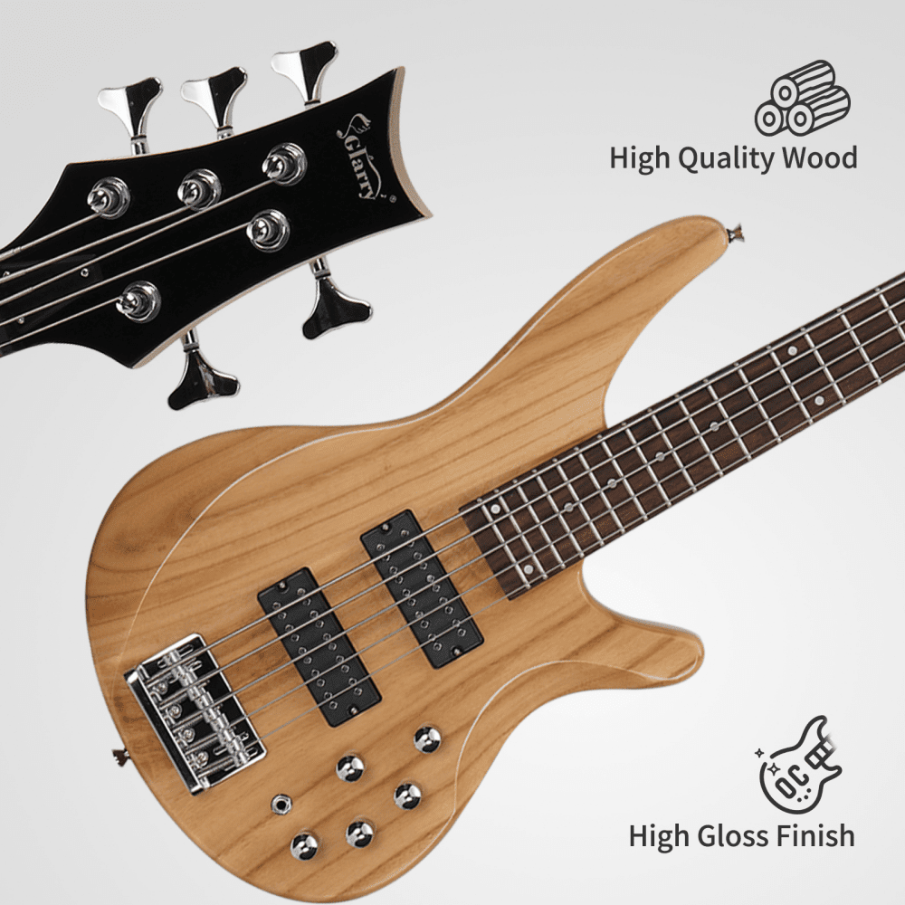 Tcbosik Electric Bass Guitar, 5 String Beginner Starter Kit with Accessories, Including Bag, Strap, Amp Wire, Plectrum and Wrench Tool for Adults, Burlywood